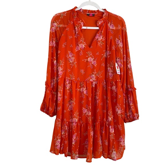 Vince Camuto NWT Orange & Pink Floral Semi Sheer Long Sleeve Flowy Dress Small - Picture 2 of 12